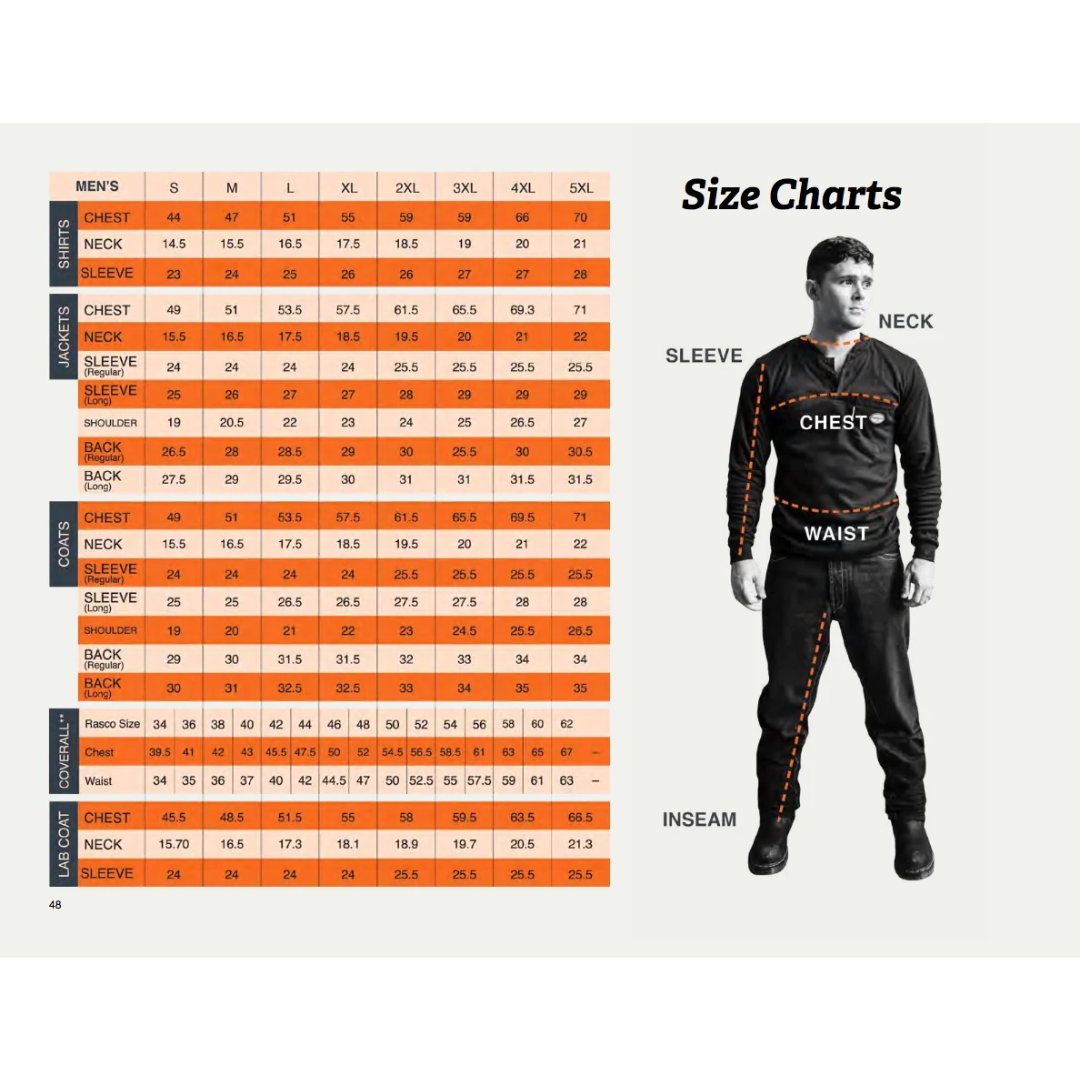 Rasco FR Premium Coveralls with Reflective Trim Size Chart