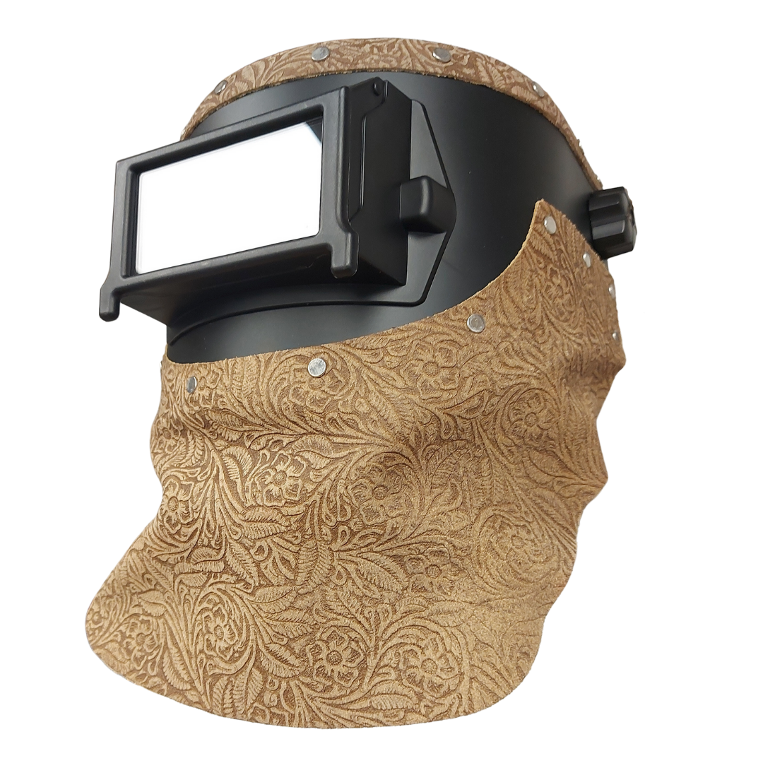 Outlaw Leather Black Flip Front / Saddle Tan Floral Suede Welding Hood